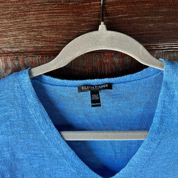 Eileen Fisher Coastal Blue Linen Cotton V-Neck Oversized Loose Knit Sweater - Picture 6 of 7